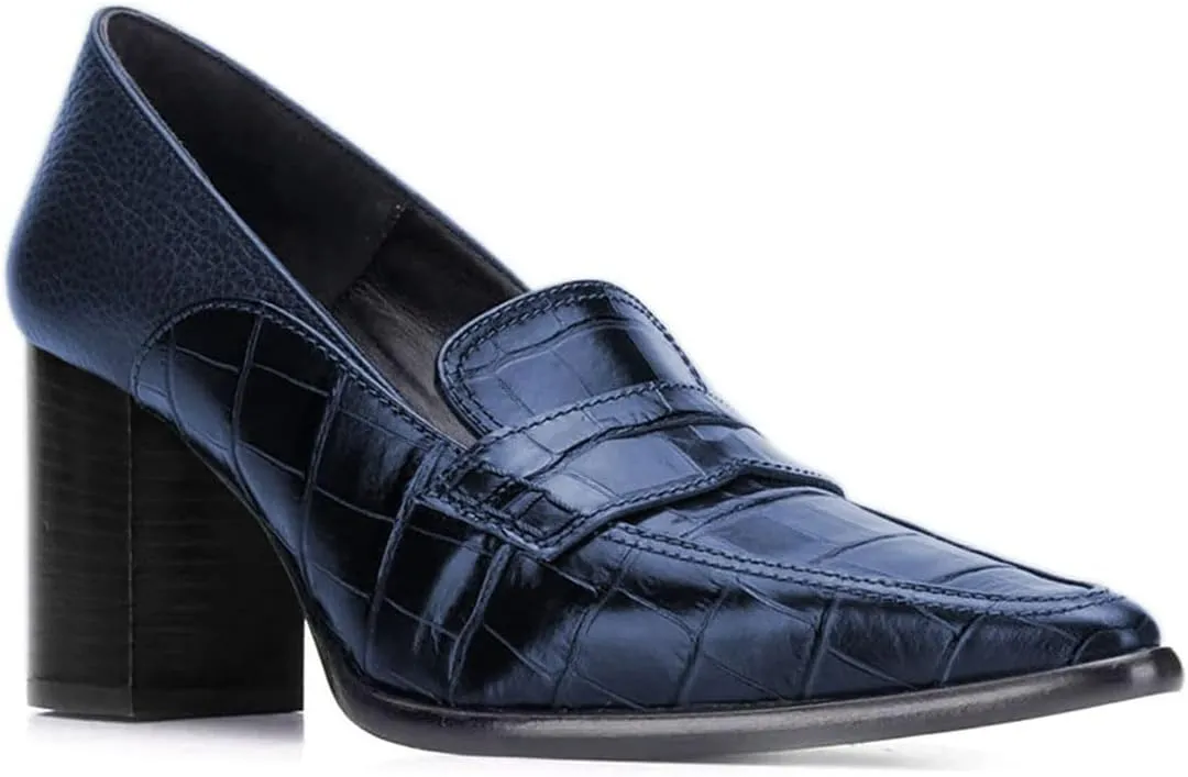 FOWT Ladies Chic Crocodile Loafers High Block Heel Slip On Pumps Woman Patchwork Textured Shoes for Meeting Career and Office Size US 4-16