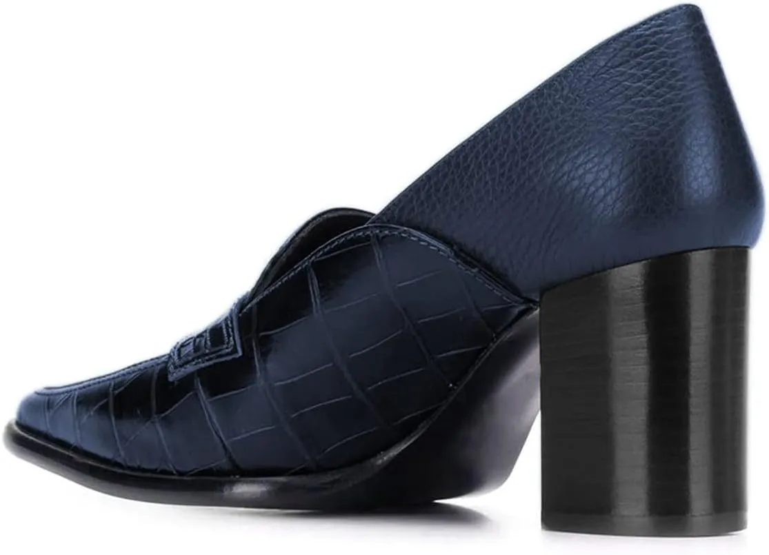 FOWT Ladies Chic Crocodile Loafers High Block Heel Slip On Pumps Woman Patchwork Textured Shoes for Meeting Career and Office Size US 4-16