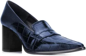 FOWT Ladies Chic Crocodile Loafers High Block Heel Slip On Pumps Woman Patchwork Textured Shoes for Meeting Career and Office Size US 4-16