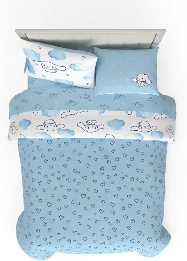 Franco Cinnamoroll Bedding 7 Piece Super Soft Cozy Reversible Comforter and Sheet Set with Sham, Queen, (100% Official Licensed Product)