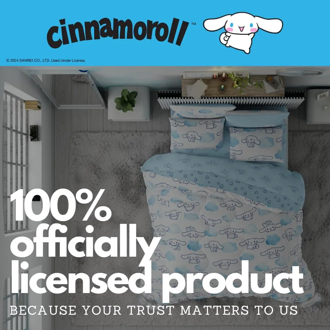 Franco Cinnamoroll Bedding 7 Piece Super Soft Cozy Reversible Comforter and Sheet Set with Sham, Queen, (100% Official Licensed Product)
