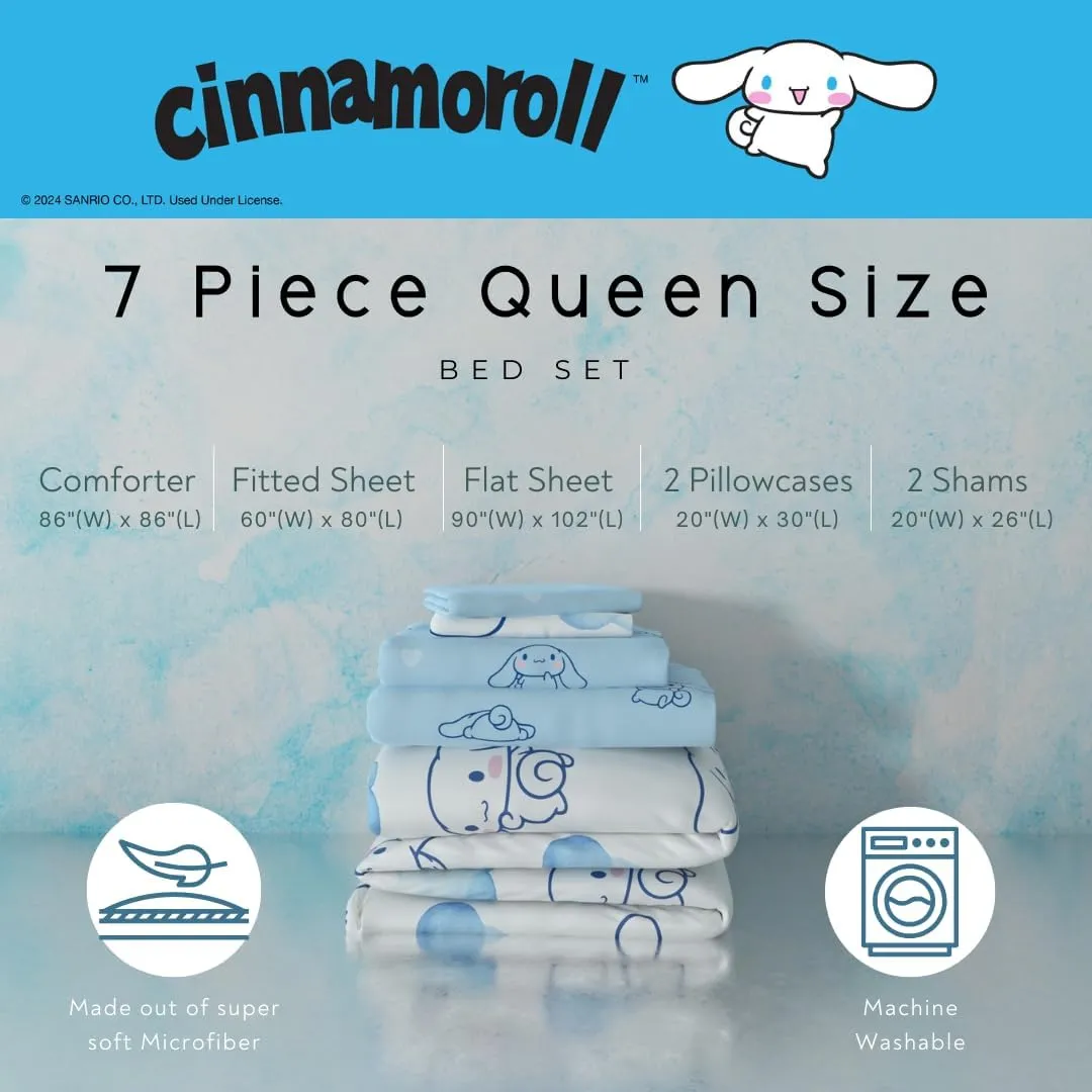 Franco Cinnamoroll Bedding 7 Piece Super Soft Cozy Reversible Comforter and Sheet Set with Sham, Queen, (100% Official Licensed Product)