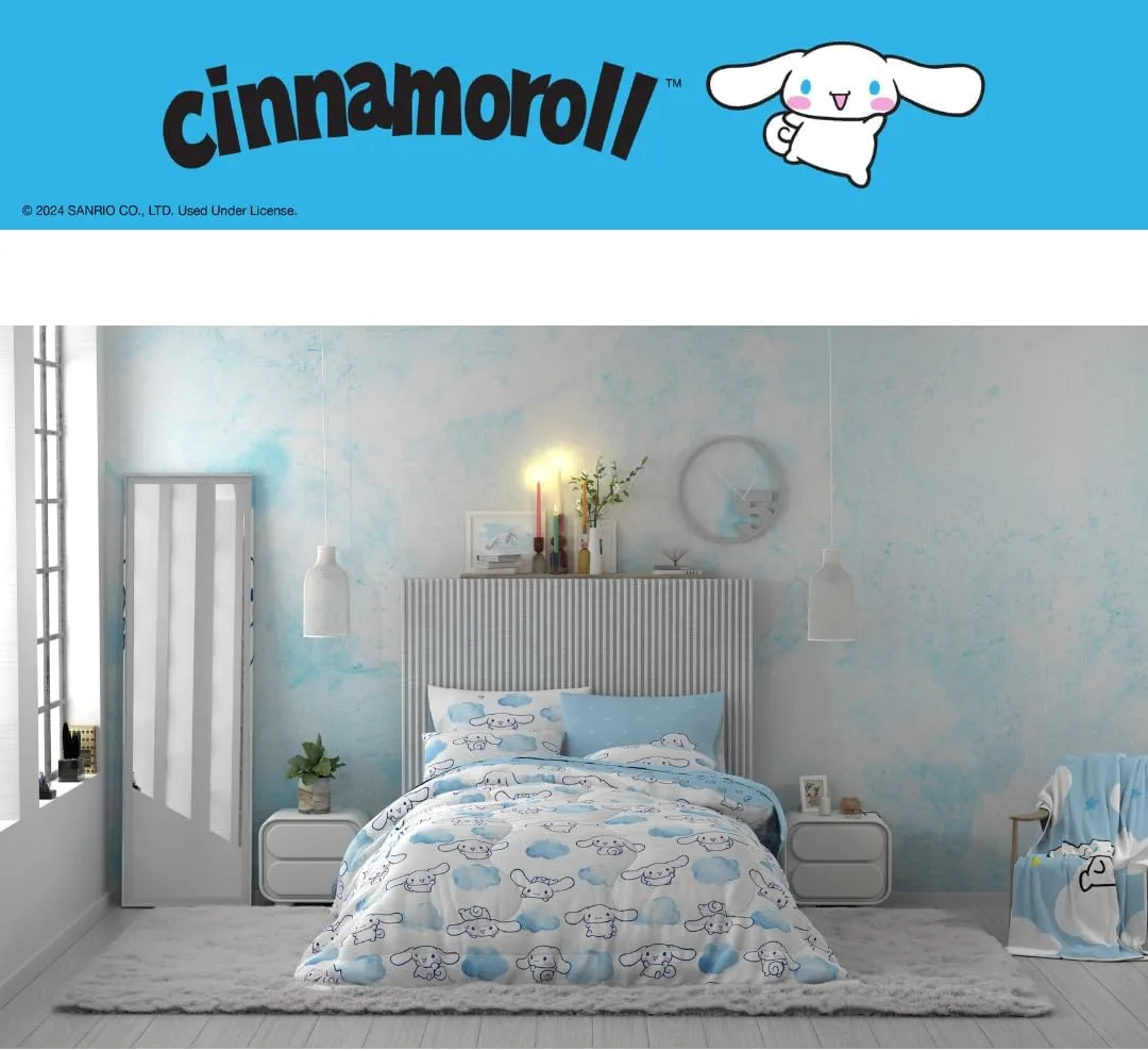 Franco Cinnamoroll Bedding 7 Piece Super Soft Cozy Reversible Comforter and Sheet Set with Sham, Queen, (100% Official Licensed Product)
