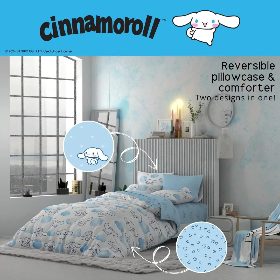 Franco Cinnamoroll Bedding 7 Piece Super Soft Cozy Reversible Comforter and Sheet Set with Sham, Queen, (100% Official Licensed Product)