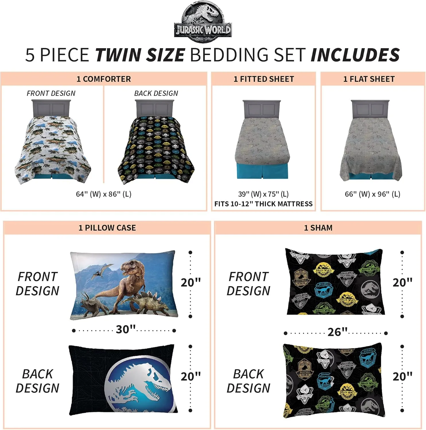 Franco Kids Bedding Super Soft Comforter and Sheet Set with Sham, 5 Piece Twin Size, Jurassic World,6A1348