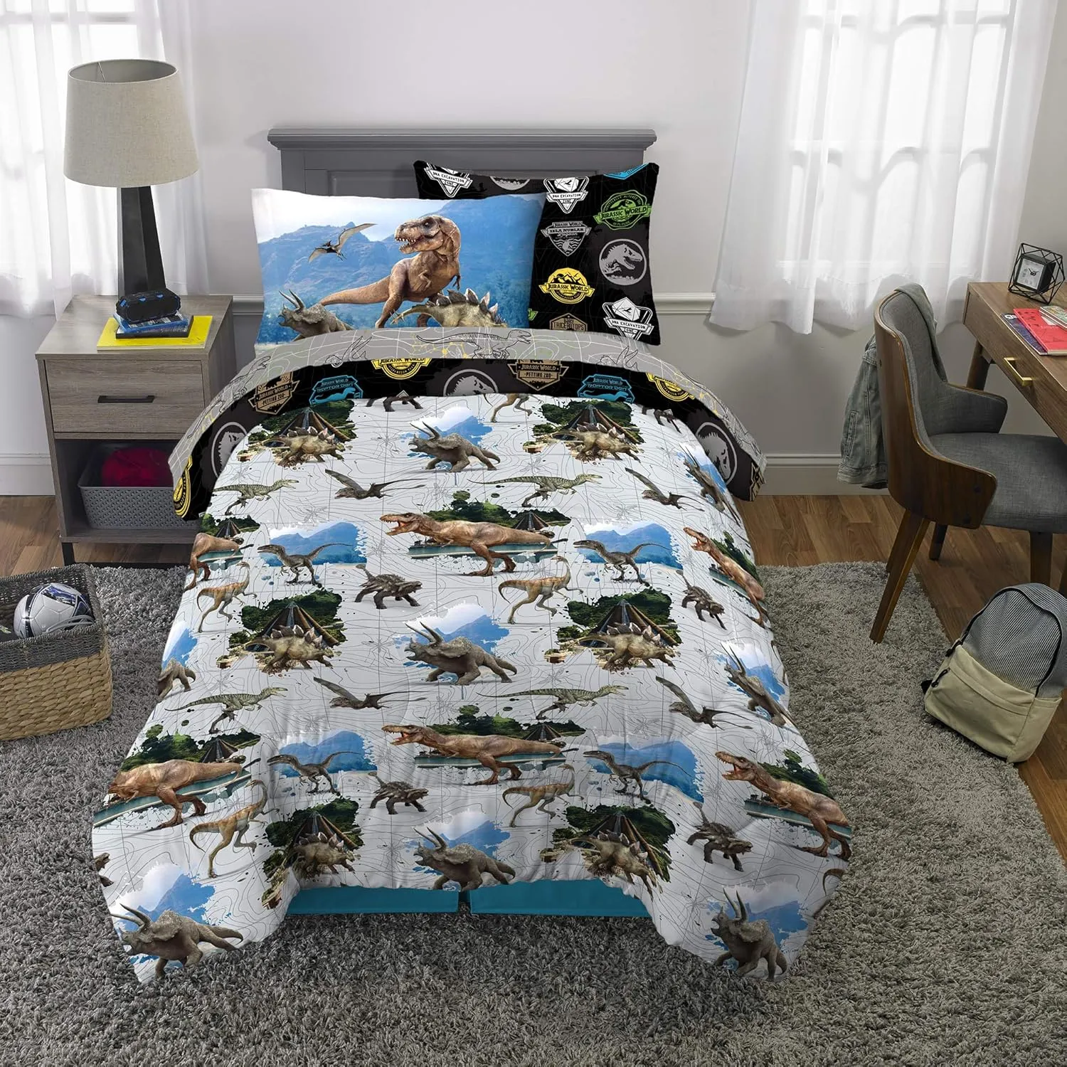 Franco Kids Bedding Super Soft Comforter and Sheet Set with Sham, 5 Piece Twin Size, Jurassic World,6A1348