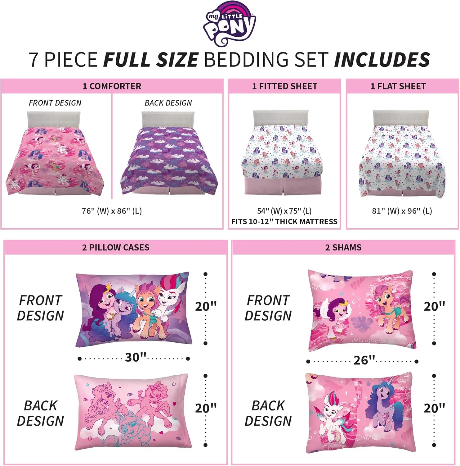 Franco Kids Bedding Super Soft Comforter and Sheet Set with Sham, 7 Piece Full Size, My Little Pony
