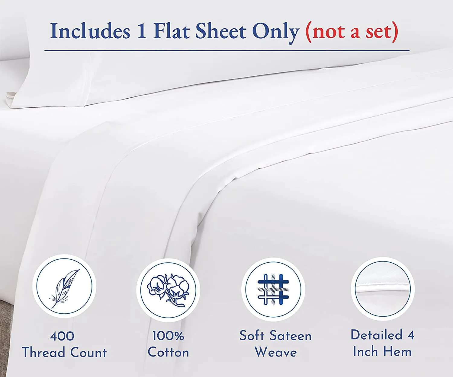 Full Size Flat Sheet, 400 Thread Count 100% Cotton Sheet Sateen, Cooling Bed Sheets, White Flat Sheet, Full Sheets, Top Sheets, Single Full Flat Sheet Only (Bright White)