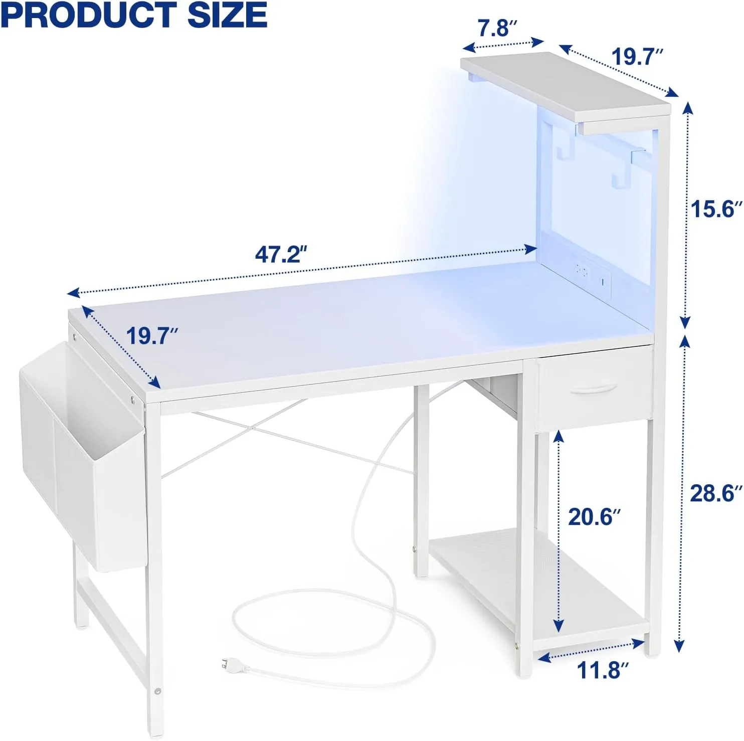 Gaming Desk 47 Inch with Power Outlet and LED Light, Computer Desk with Reversible Shelves and Storage Drawer, Pc Small Desk for Home Office Table with Bag, Carbon Fiber White