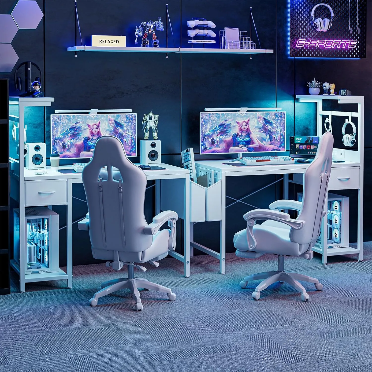 Gaming Desk 47 Inch with Power Outlet and LED Light, Computer Desk with Reversible Shelves and Storage Drawer, Pc Small Desk for Home Office Table with Bag, Carbon Fiber White