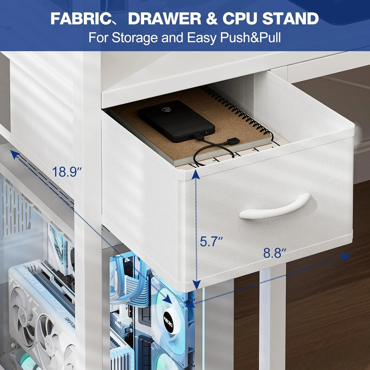 Gaming Desk 47 Inch with Power Outlet and LED Light, Computer Desk with Reversible Shelves and Storage Drawer, Pc Small Desk for Home Office Table with Bag, Carbon Fiber White