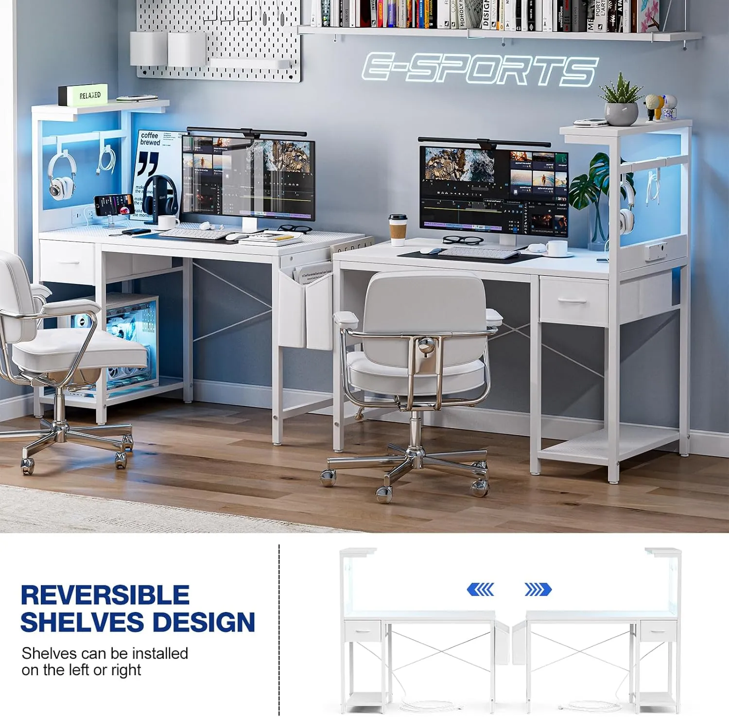 Gaming Desk 47 Inch with Power Outlet and LED Light, Computer Desk with Reversible Shelves and Storage Drawer, Pc Small Desk for Home Office Table with Bag, Carbon Fiber White