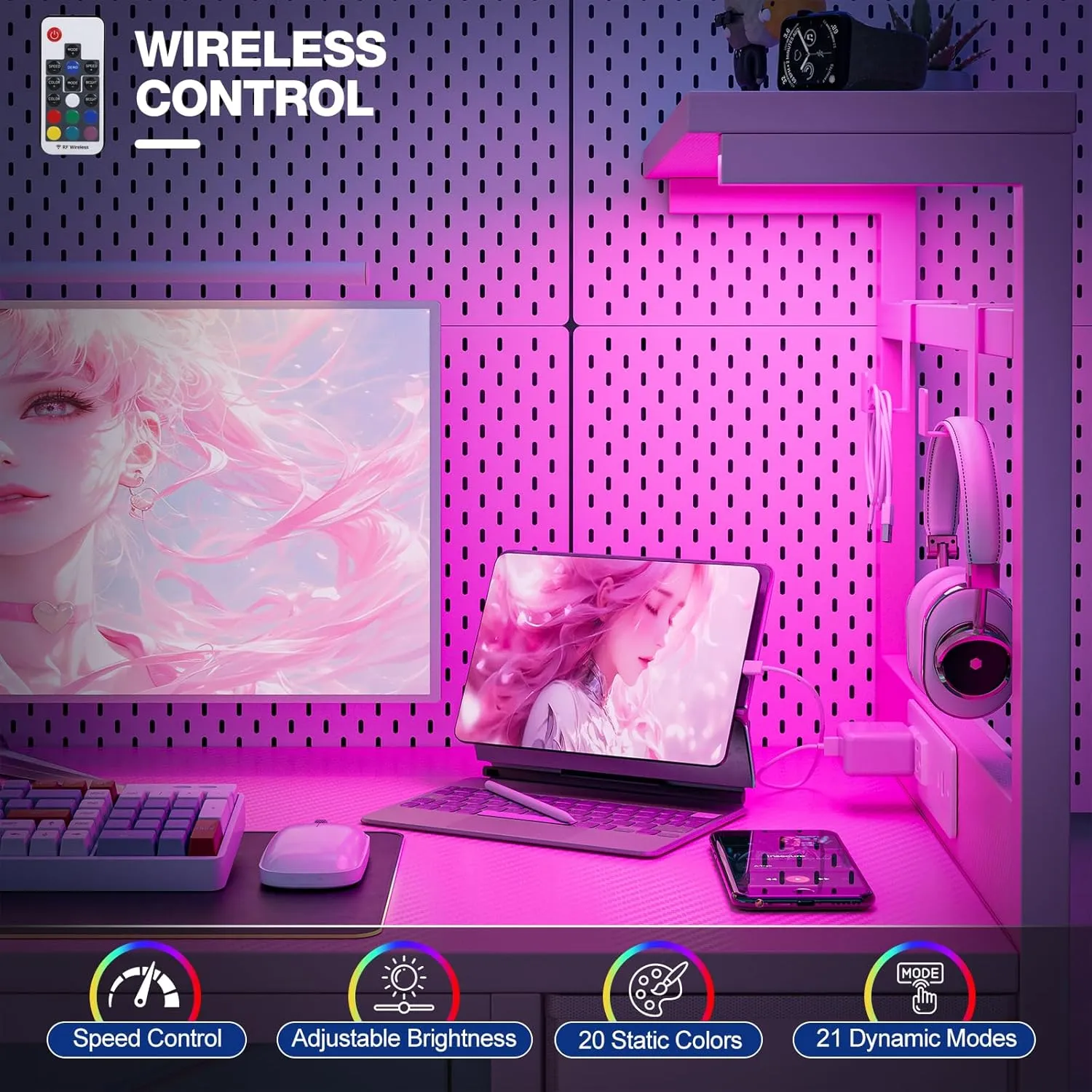 Gaming Desk 47 Inch with Power Outlet and LED Light, Computer Desk with Reversible Shelves and Storage Drawer, Pc Small Workstation for Home Office Table with Bag, Carbon Fiber Pink