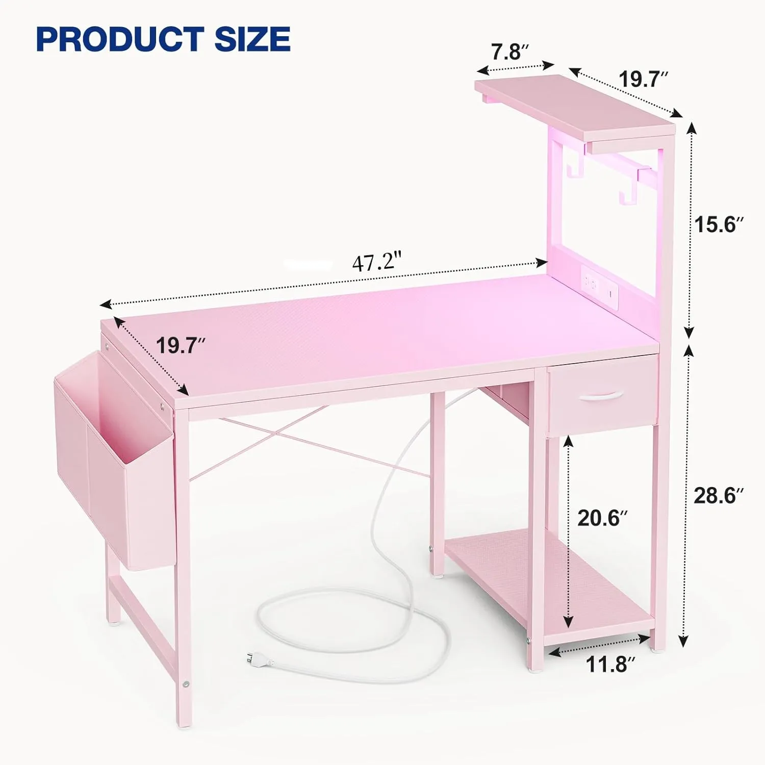 Gaming Desk 47 Inch with Power Outlet and LED Light, Computer Desk with Reversible Shelves and Storage Drawer, Pc Small Workstation for Home Office Table with Bag, Carbon Fiber Pink