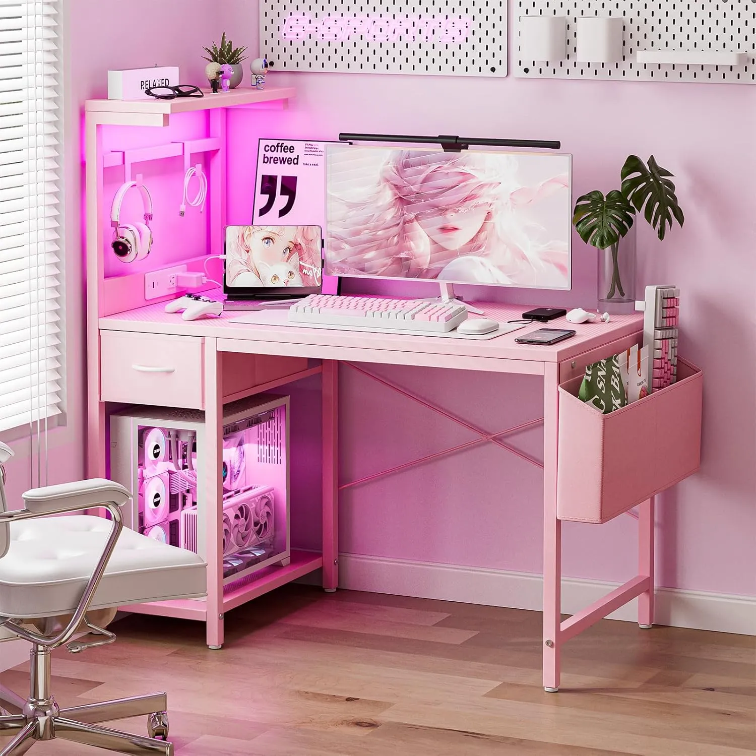Gaming Desk 47 Inch with Power Outlet and LED Light, Computer Desk with Reversible Shelves and Storage Drawer, Pc Small Workstation for Home Office Table with Bag, Carbon Fiber Pink