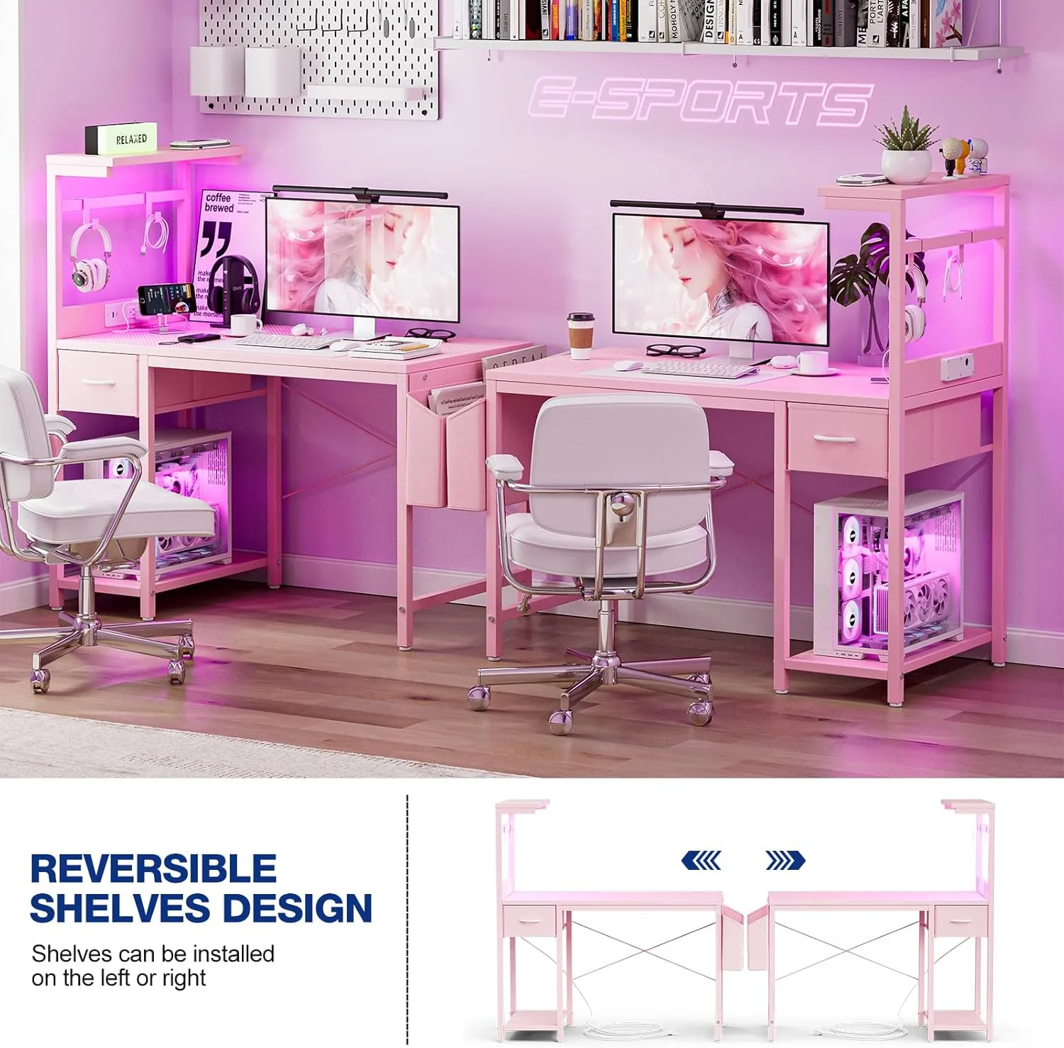 Gaming Desk 47 Inch with Power Outlet and LED Light, Computer Desk with Reversible Shelves and Storage Drawer, Pc Small Workstation for Home Office Table with Bag, Carbon Fiber Pink