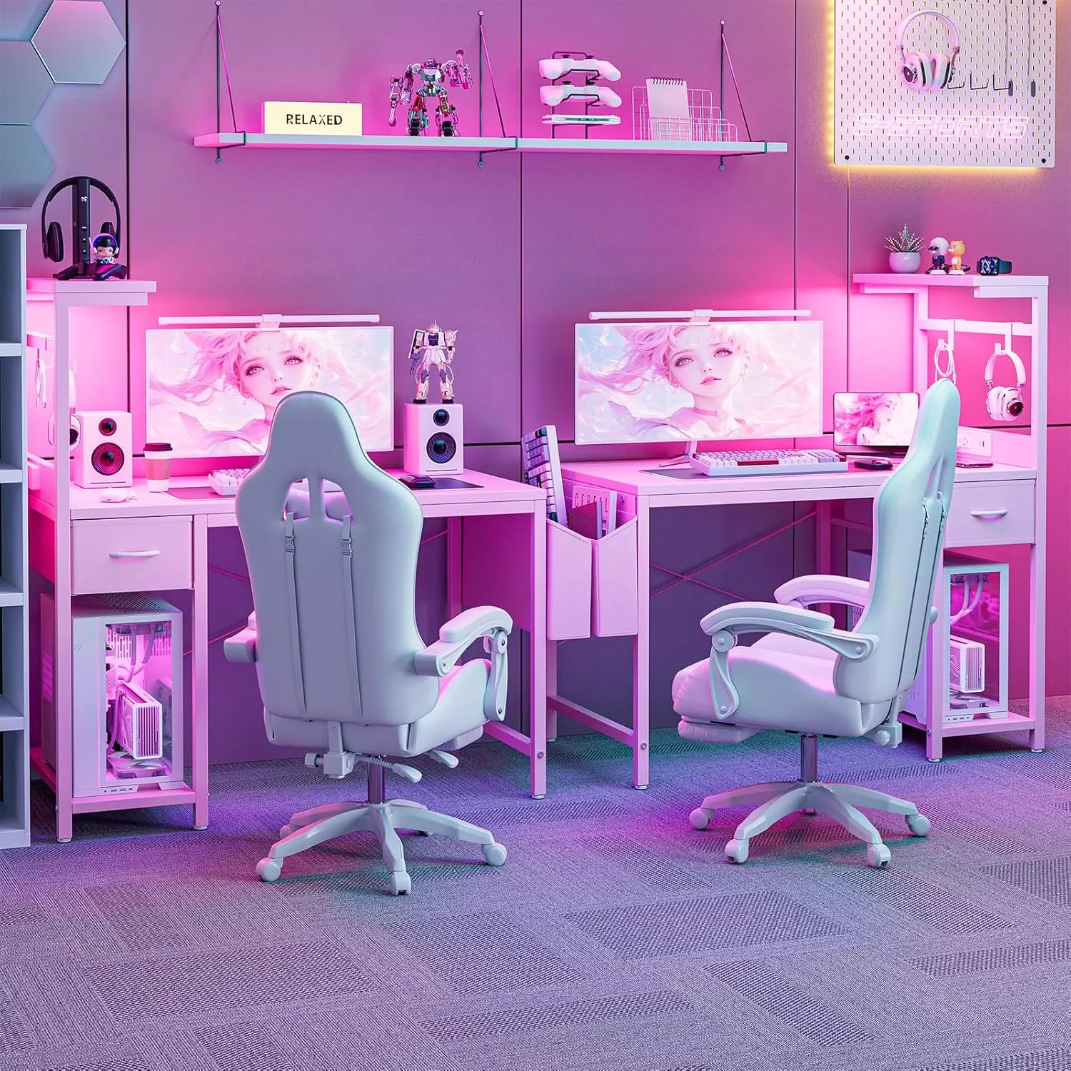 Gaming Desk 47 Inch with Power Outlet and LED Light, Computer Desk with Reversible Shelves and Storage Drawer, Pc Small Workstation for Home Office Table with Bag, Carbon Fiber Pink