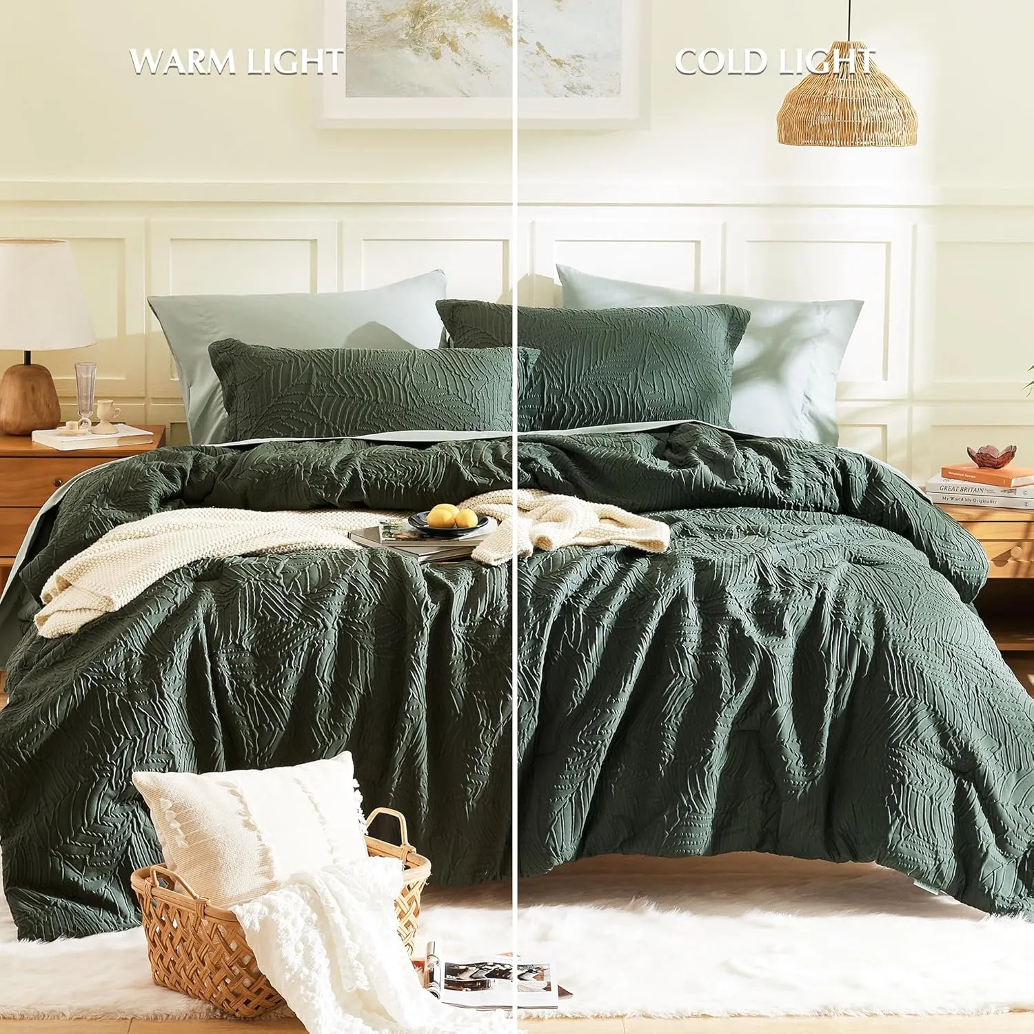 Geniospin King Size Comforter Set, Bed in a Bag Dark Green 7-Pieces, All Season Comfortable Seersucker Bedding with Comforter, Pillow Sham, Flat Sheet, Fitted Sheet and Pillowcase (King, 102"x90")