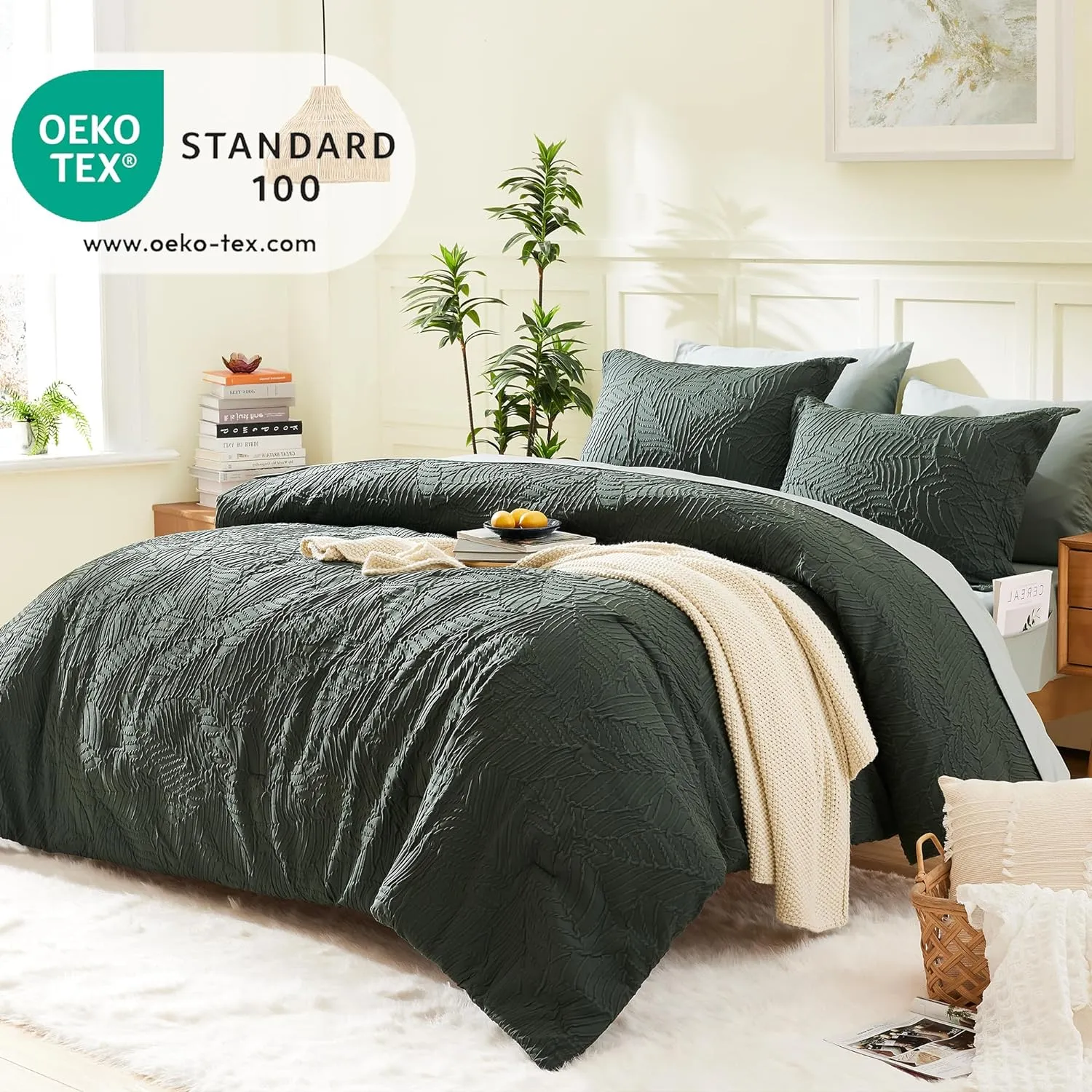 Geniospin King Size Comforter Set, Bed in a Bag Dark Green 7-Pieces, All Season Comfortable Seersucker Bedding with Comforter, Pillow Sham, Flat Sheet, Fitted Sheet and Pillowcase (King, 102"x90")