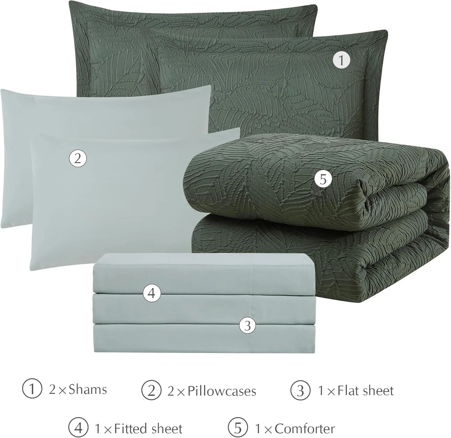 Geniospin King Size Comforter Set, Bed in a Bag Dark Green 7-Pieces, All Season Comfortable Seersucker Bedding with Comforter, Pillow Sham, Flat Sheet, Fitted Sheet and Pillowcase (King, 102"x90")