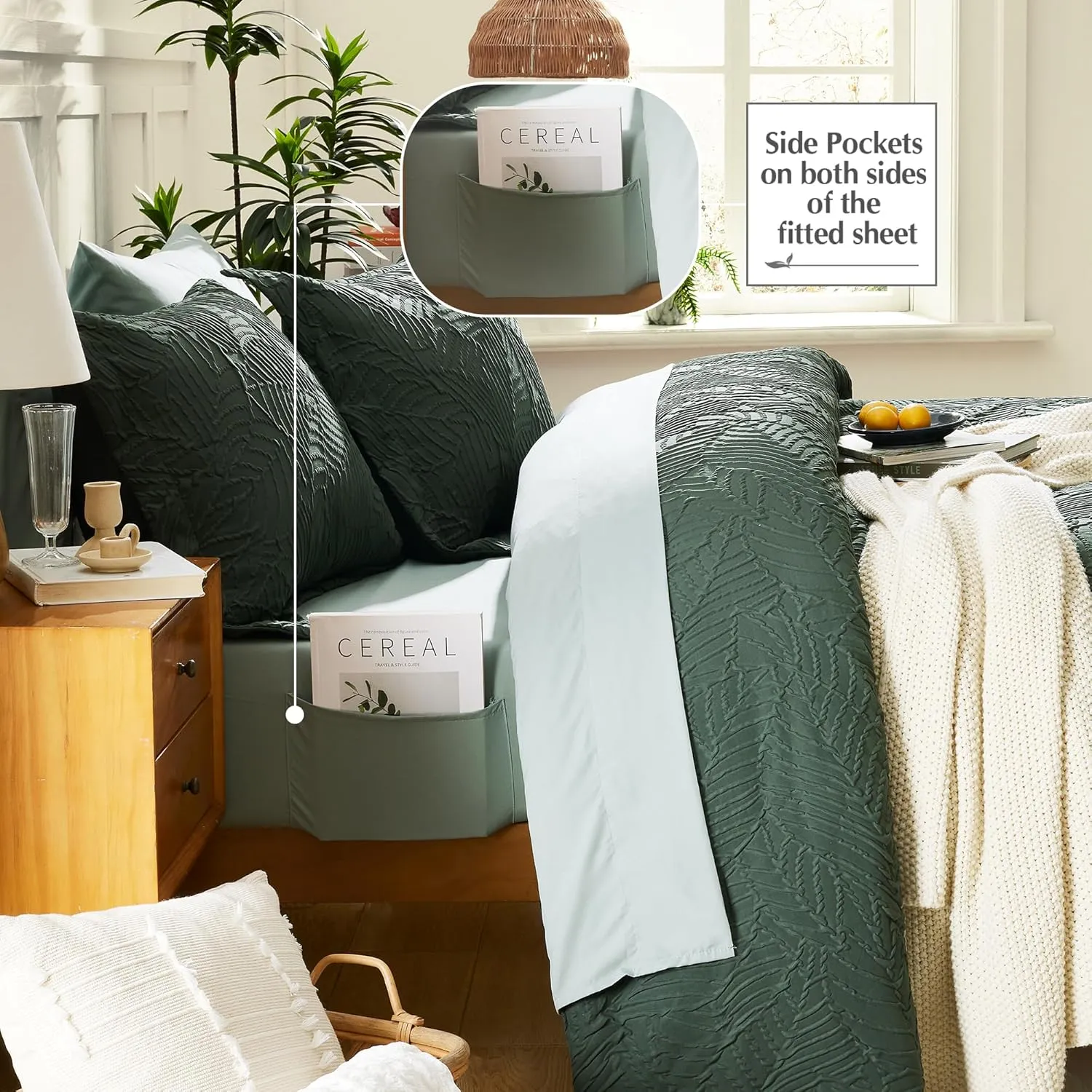 Geniospin King Size Comforter Set, Bed in a Bag Dark Green 7-Pieces, All Season Comfortable Seersucker Bedding with Comforter, Pillow Sham, Flat Sheet, Fitted Sheet and Pillowcase (King, 102"x90")