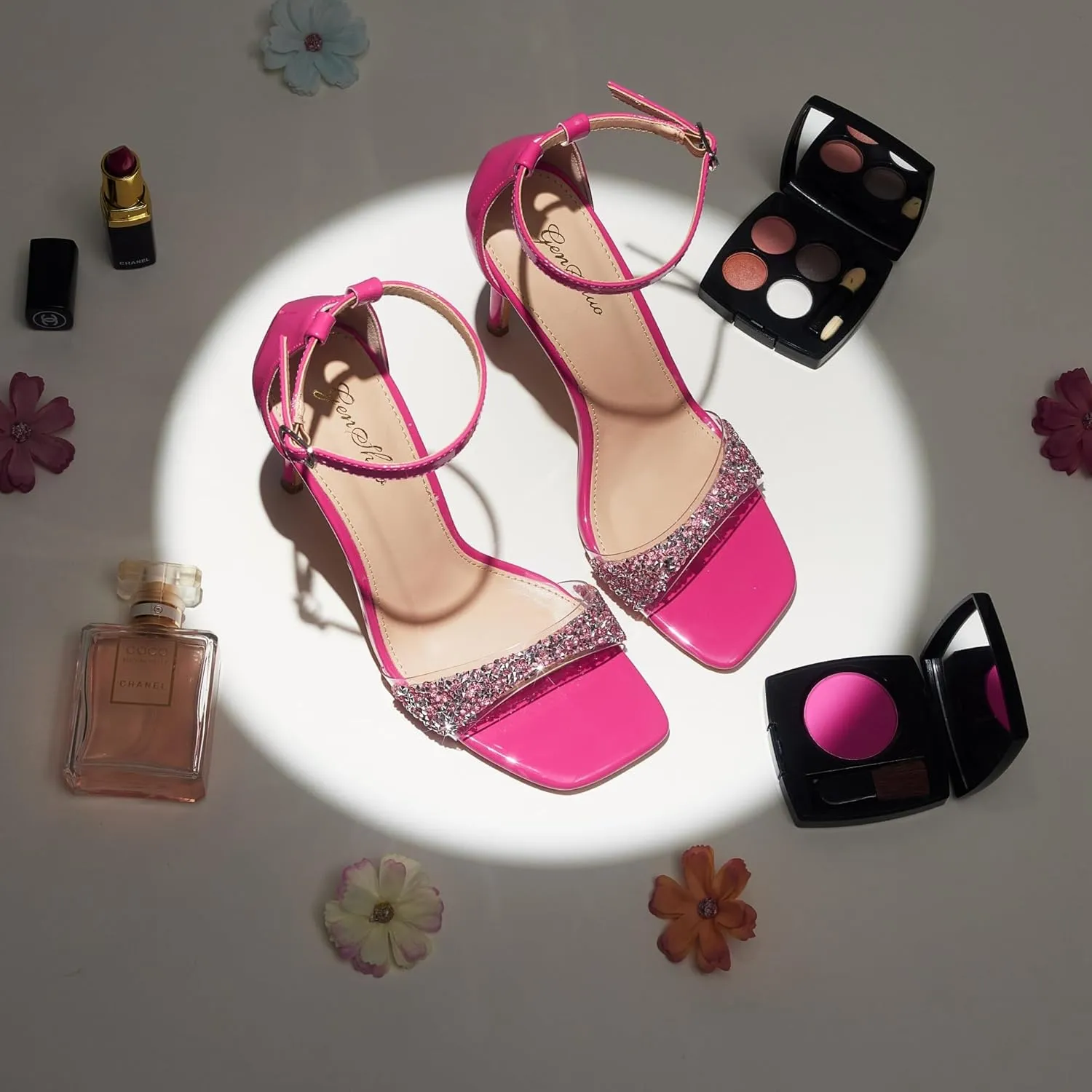GENSHUO High Heeled Sandals for Women One Strap Heels with Square Open Toe 4 Inch Stiletto Ankle Strap Shoes Elegant Sexy Dress Wedding Party