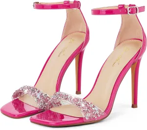 GENSHUO High Heeled Sandals for Women One Strap Heels with Square Open Toe 4 Inch Stiletto Ankle Strap Shoes Elegant Sexy Dress Wedding Party