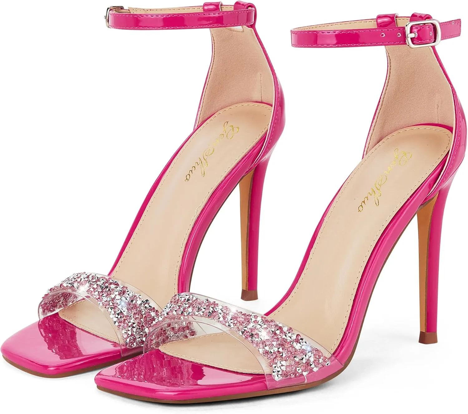 GENSHUO High Heeled Sandals for Women One Strap Heels with Square Open Toe 4 Inch Stiletto Ankle Strap Shoes Elegant Sexy Dress Wedding Party