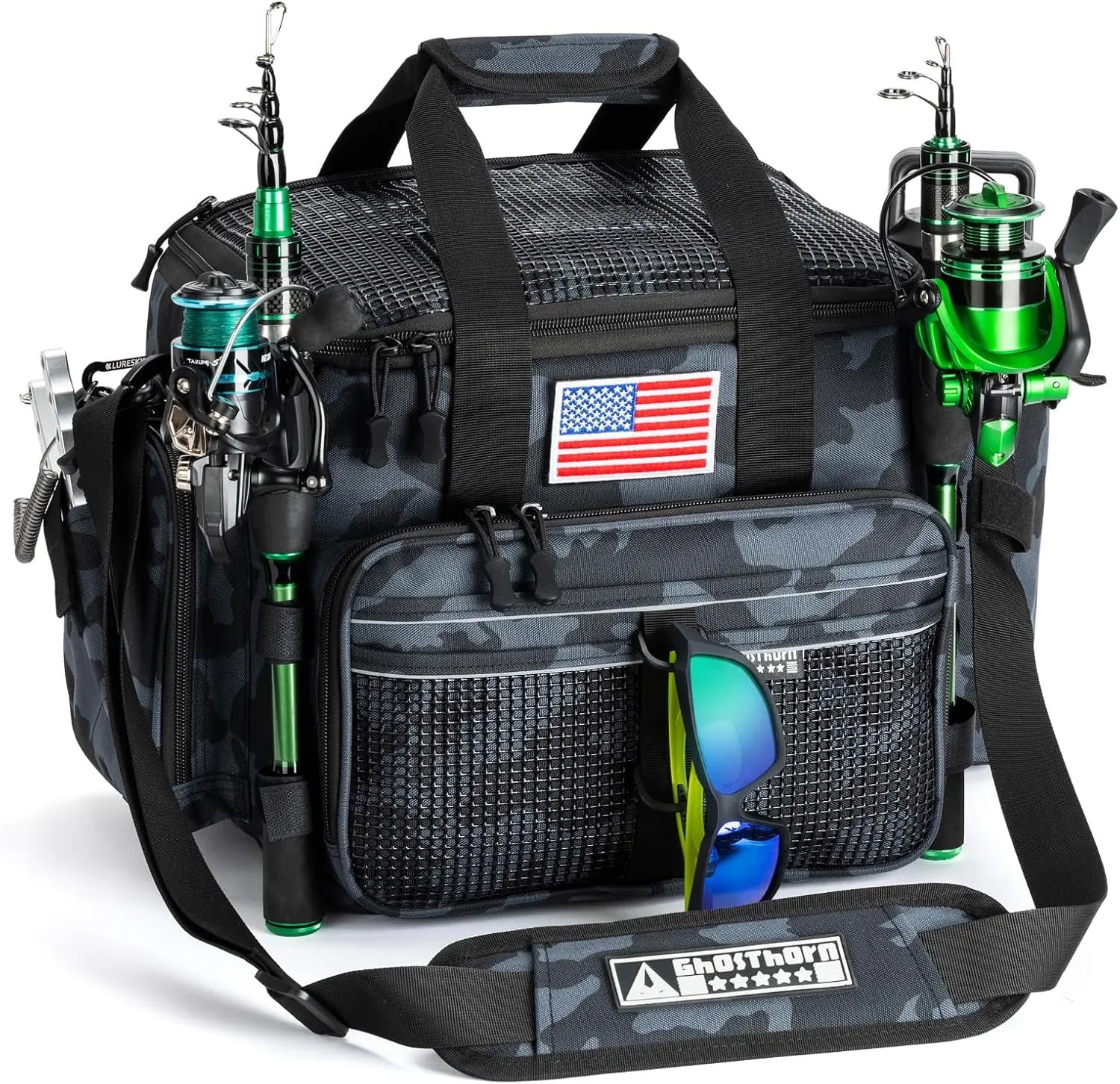 Ghosthorn Fishing Tackle Bag for Saltwater & Freshwater - Versatile Water Resistant Tackle Box Bag Stores Up to 6 Bait Boxes - Durable Fishing Gear Organizer