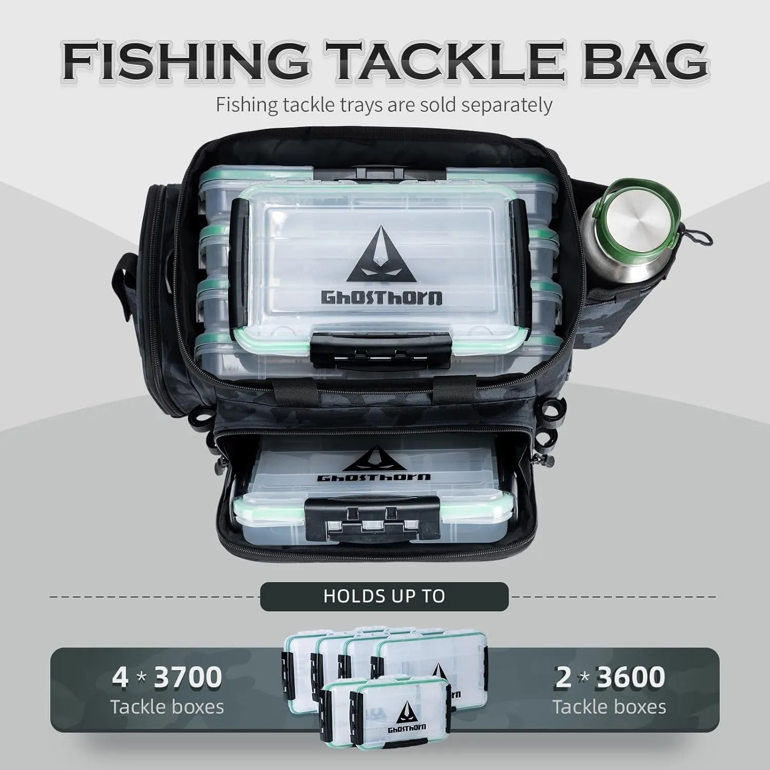 Ghosthorn Fishing Tackle Bag for Saltwater & Freshwater - Versatile Water Resistant Tackle Box Bag Stores Up to 6 Bait Boxes - Durable Fishing Gear Organizer