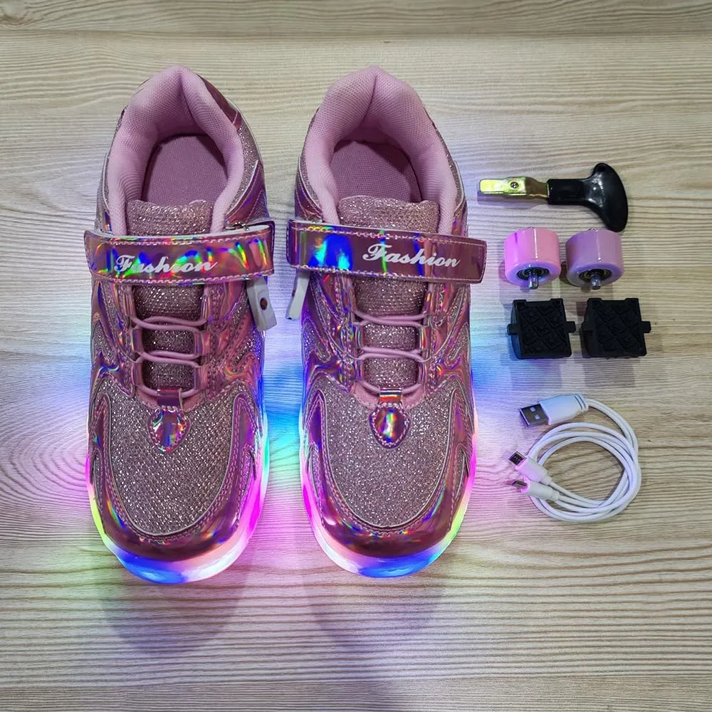 Girls Roller Shoes LED Lights Up Sneakers with Wheels Removable Lightweight Roller Skates Boys Beginners Trainers Skate Comfortable Sports Footwear Athletic USB Charge Sneaker Kids Gifts