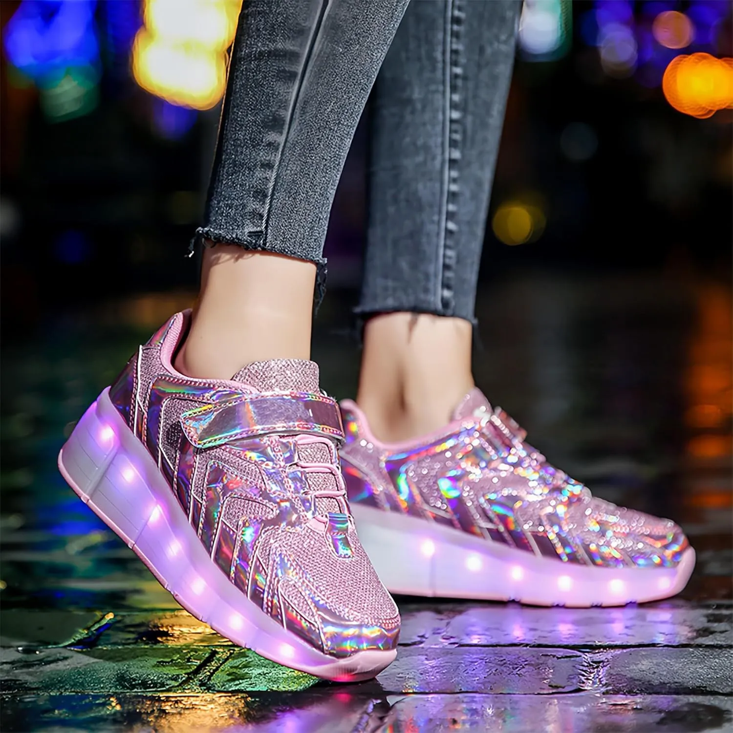 Girls Roller Shoes LED Lights Up Sneakers with Wheels Removable Lightweight Roller Skates Boys Beginners Trainers Skate Comfortable Sports Footwear Athletic USB Charge Sneaker Kids Gifts