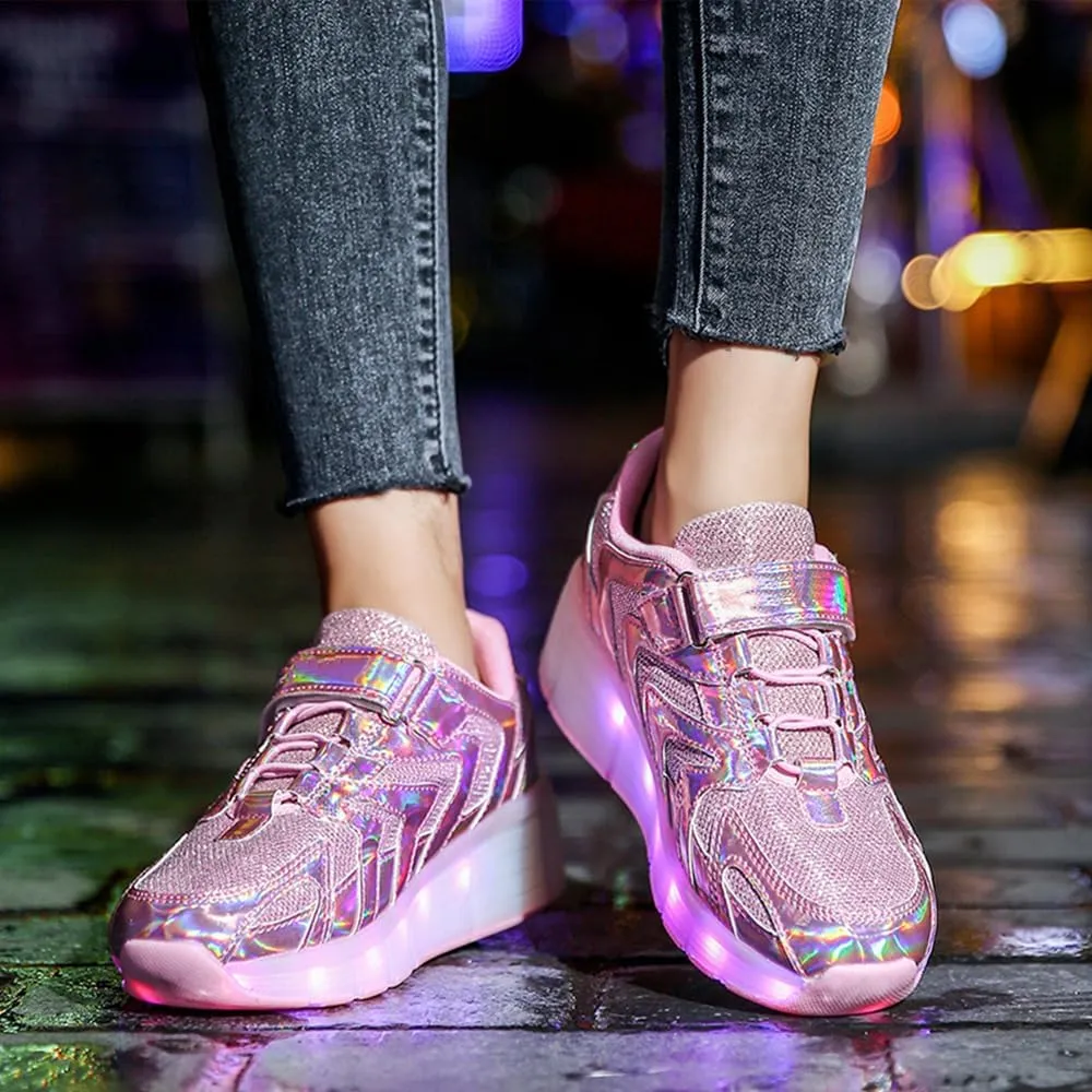 Girls Roller Shoes LED Lights Up Sneakers with Wheels Removable Lightweight Roller Skates Boys Beginners Trainers Skate Comfortable Sports Footwear Athletic USB Charge Sneaker Kids Gifts