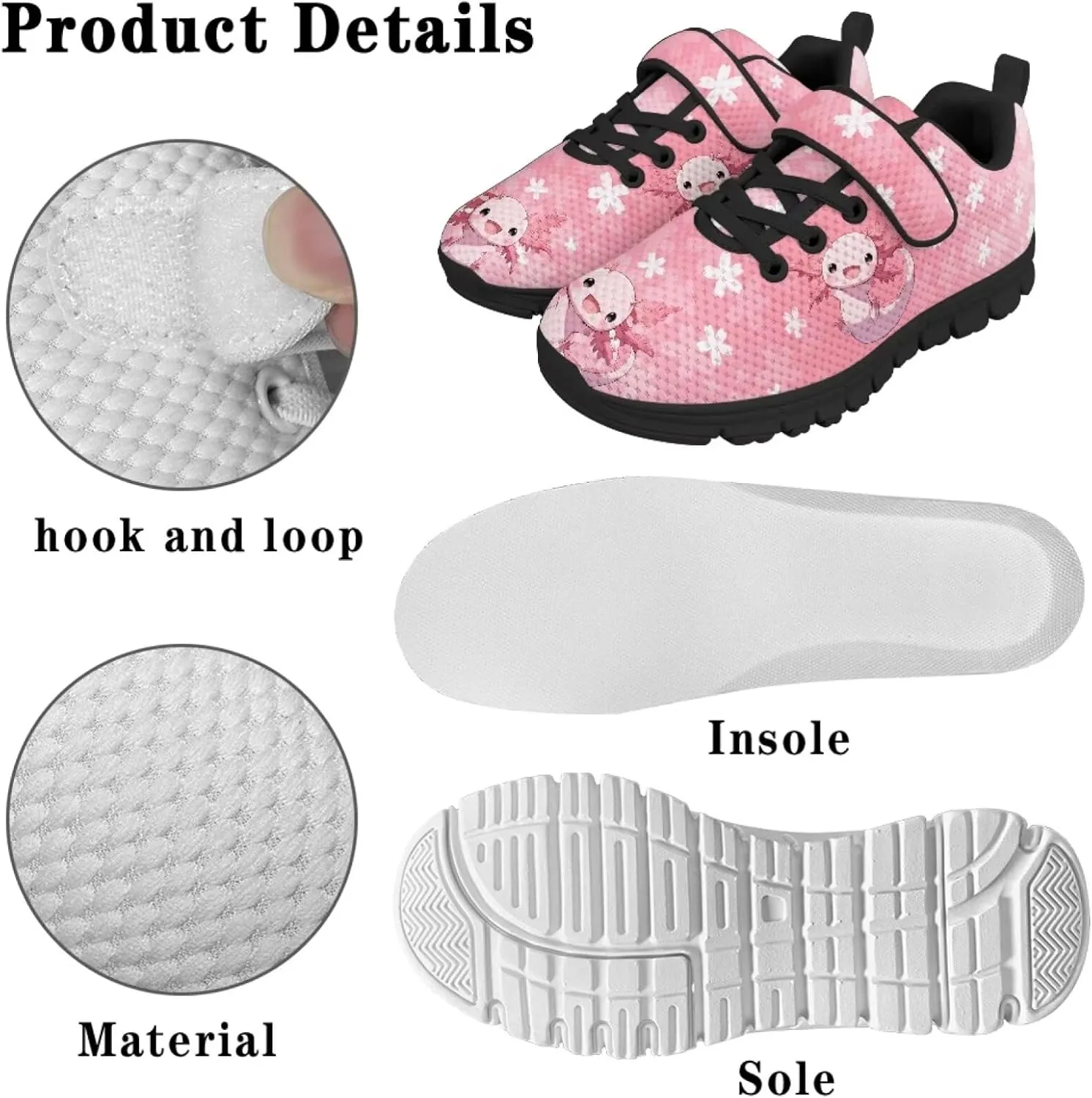 Girls Running Shoes with Hook and Loop Cute Print Kids Tennis Shoes for Outdoor Activities