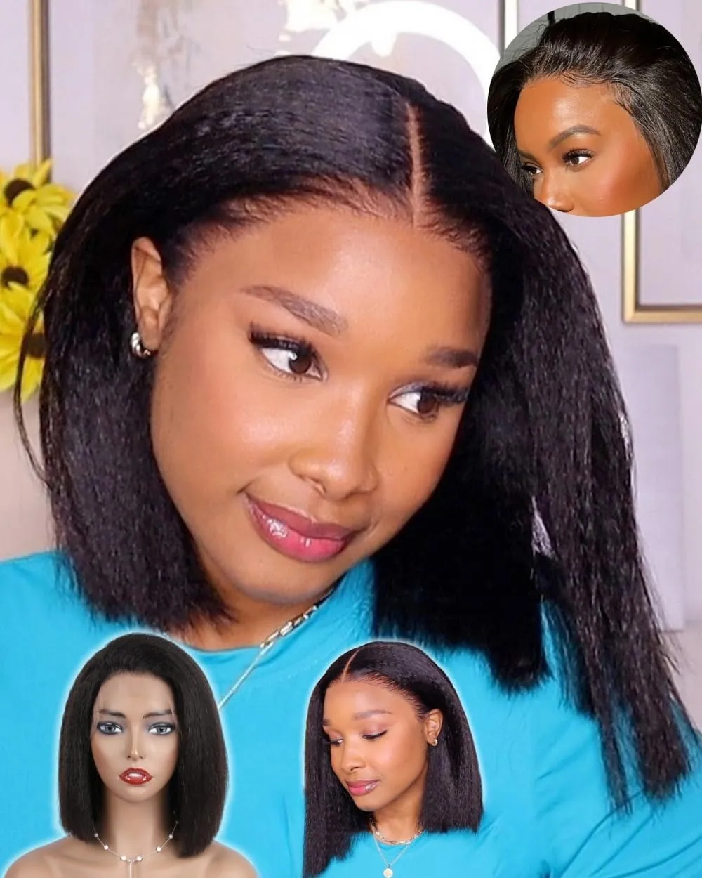 Glueless Italian Yaki Straight 13x4 HD Lace Front Wigs for Black Women 10 Inch Kinky Straight Human Hair Bob Wigs with Baby Hair Pre Plucked Bleached Knots 130% Density Free Parting