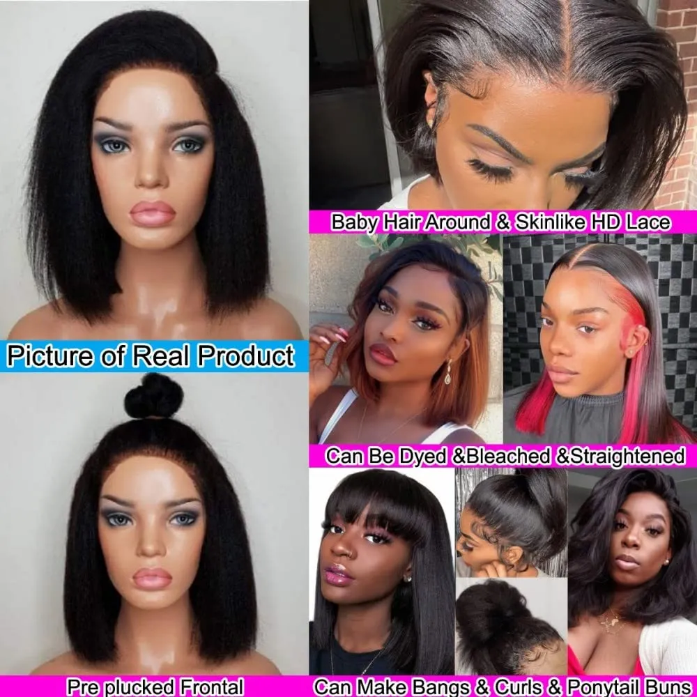 Glueless Italian Yaki Straight 13x4 HD Lace Front Wigs for Black Women 10 Inch Kinky Straight Human Hair Bob Wigs with Baby Hair Pre Plucked Bleached Knots 130% Density Free Parting