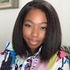 Glueless Italian Yaki Straight 13x4 HD Lace Front Wigs for Black Women 10 Inch Kinky Straight Human Hair Bob Wigs with Baby Hair Pre Plucked Bleached Knots 130% Density Free Parting