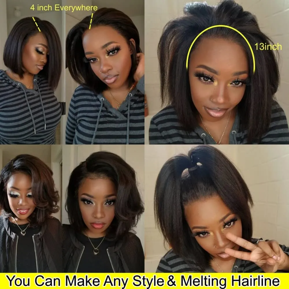 Glueless Italian Yaki Straight 13x4 HD Lace Front Wigs for Black Women 10 Inch Kinky Straight Human Hair Bob Wigs with Baby Hair Pre Plucked Bleached Knots 130% Density Free Parting