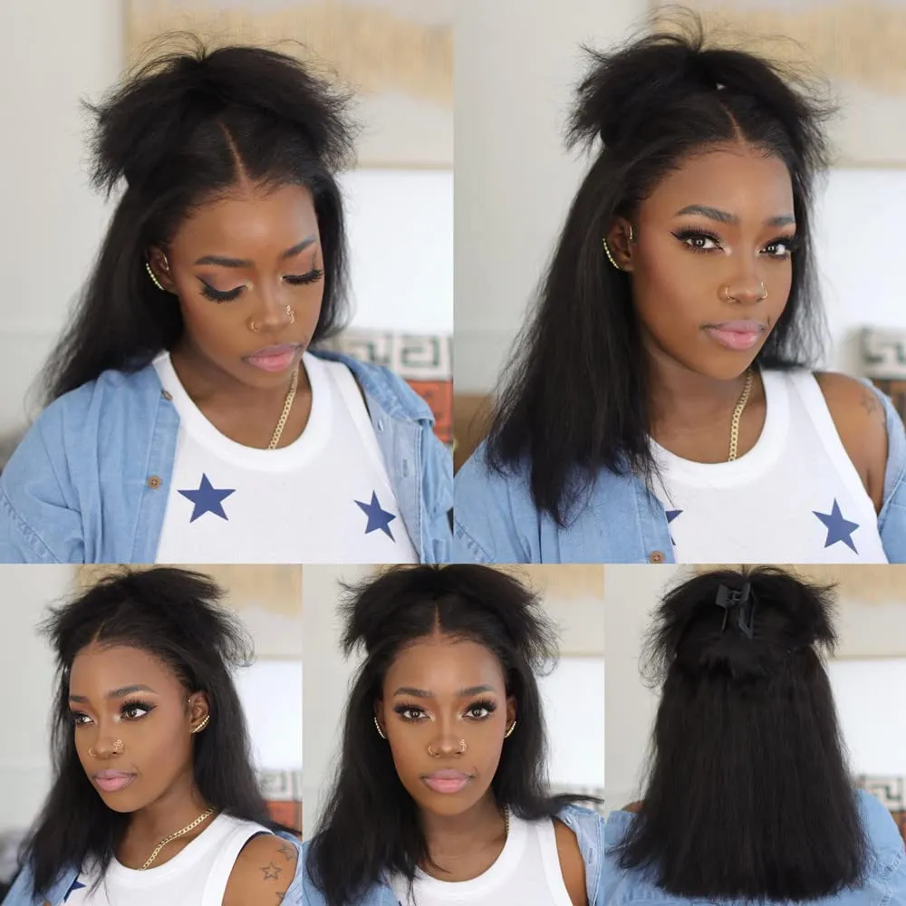 Glueless Italian Yaki Straight 13x4 HD Lace Front Wigs for Black Women 10 Inch Kinky Straight Human Hair Bob Wigs with Baby Hair Pre Plucked Bleached Knots 130% Density Free Parting