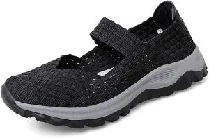 GOSPT Women's Elastic Woven Walking Shoes Mary Jane Flats Slip on Sneakers