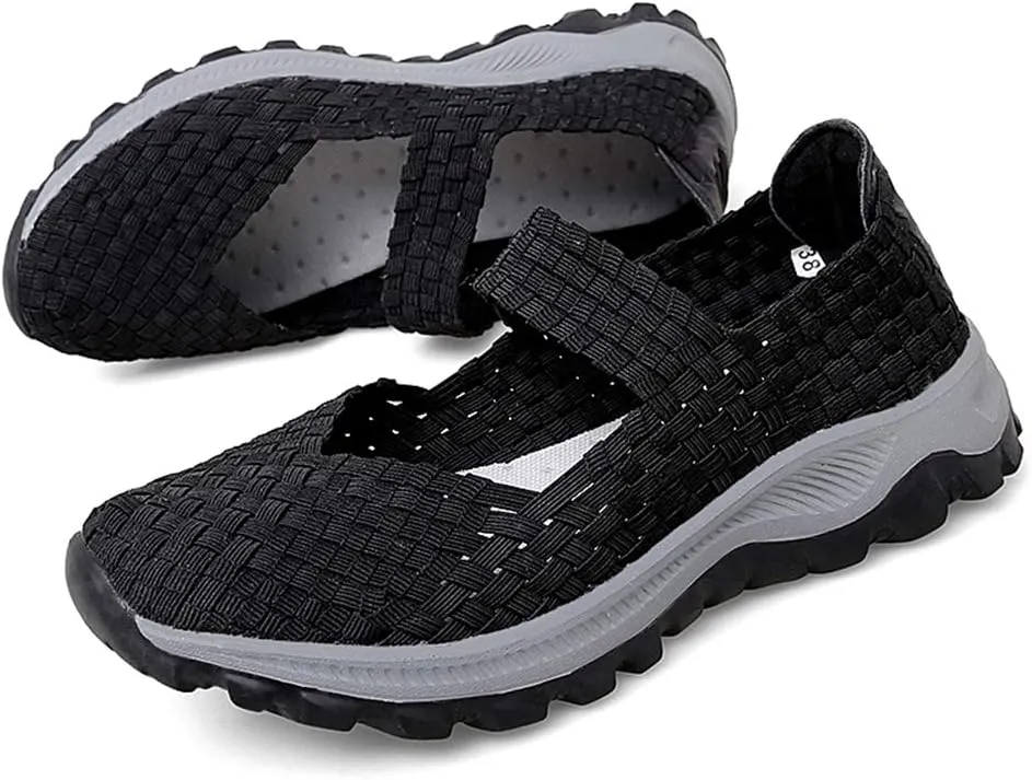 GOSPT Women's Elastic Woven Walking Shoes Mary Jane Flats Slip on Sneakers