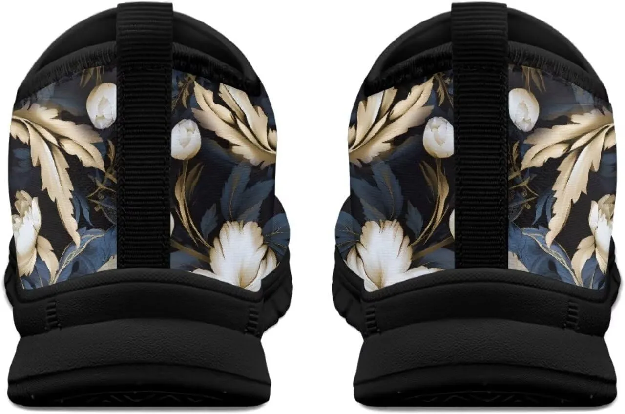 GOSTONG Floral Art Sneakers for Women Comfy Soft Sole Non Slip Walking Sneakers for Outdoor Travel Easy Slip on Lightweight Indoor Loafers Black US 5.5-11.5