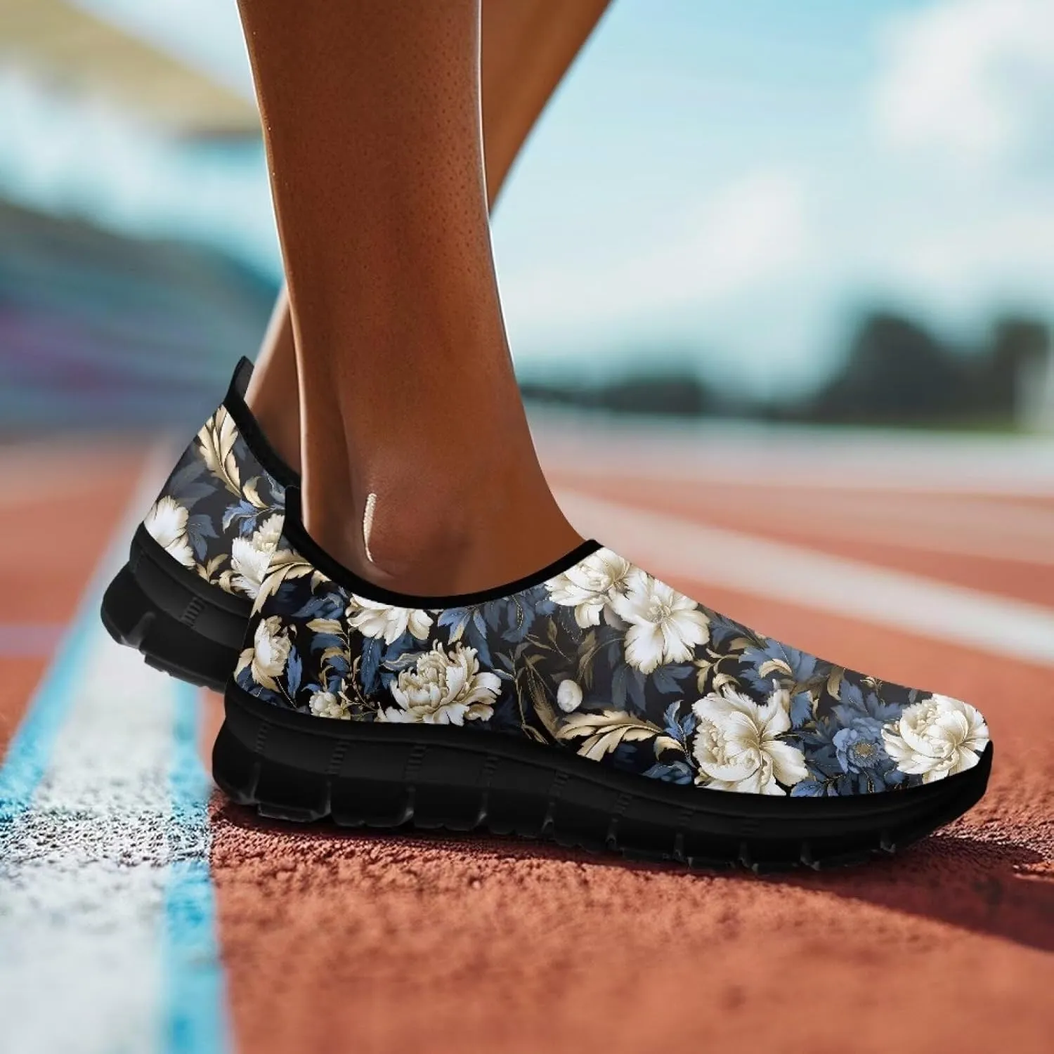 GOSTONG Floral Art Sneakers for Women Comfy Soft Sole Non Slip Walking Sneakers for Outdoor Travel Easy Slip on Lightweight Indoor Loafers Black US 5.5-11.5