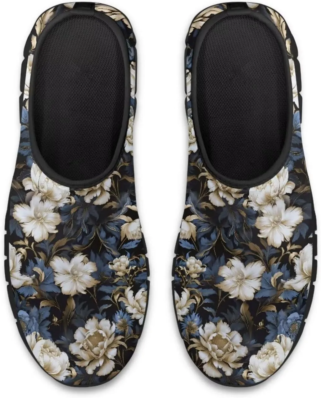 GOSTONG Floral Art Sneakers for Women Comfy Soft Sole Non Slip Walking Sneakers for Outdoor Travel Easy Slip on Lightweight Indoor Loafers Black US 5.5-11.5