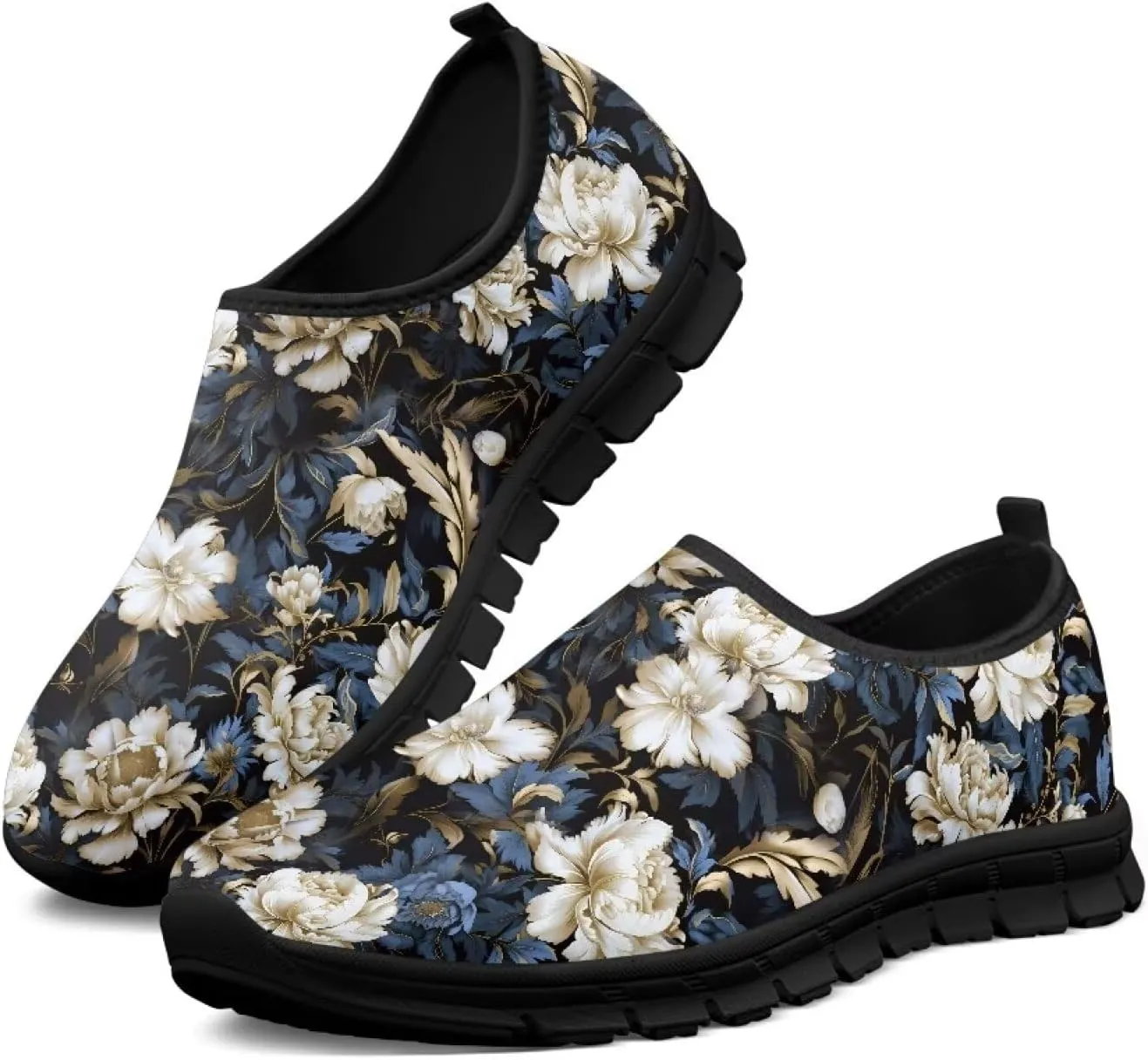 GOSTONG Floral Art Sneakers for Women Comfy Soft Sole Non Slip Walking Sneakers for Outdoor Travel Easy Slip on Lightweight Indoor Loafers Black US 5.5-11.5