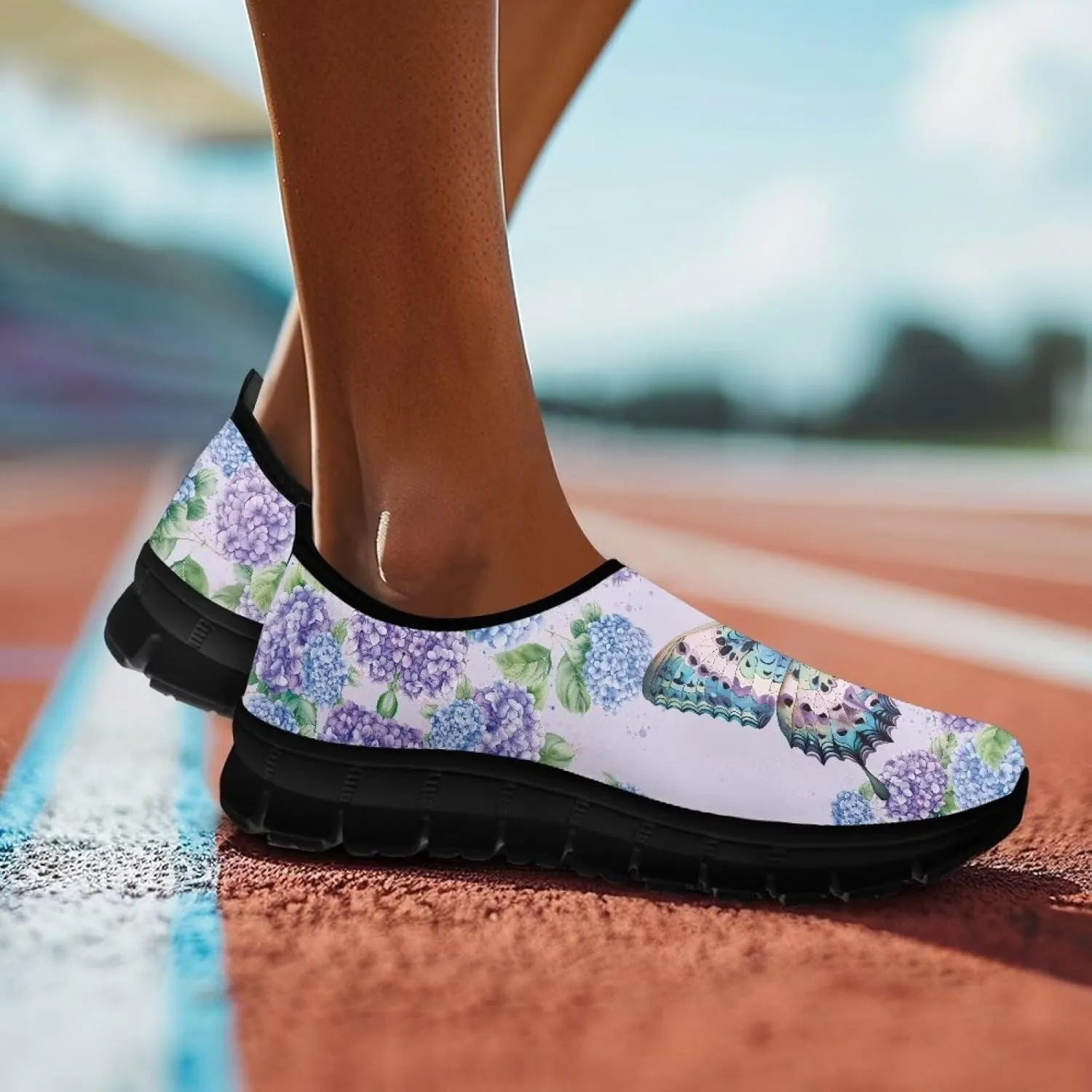 GOSTONG Floral Art Sneakers for Women Comfy Soft Sole Non Slip Walking Sneakers for Outdoor Travel Easy Slip on Lightweight Indoor Loafers Black US 5.5-11.5