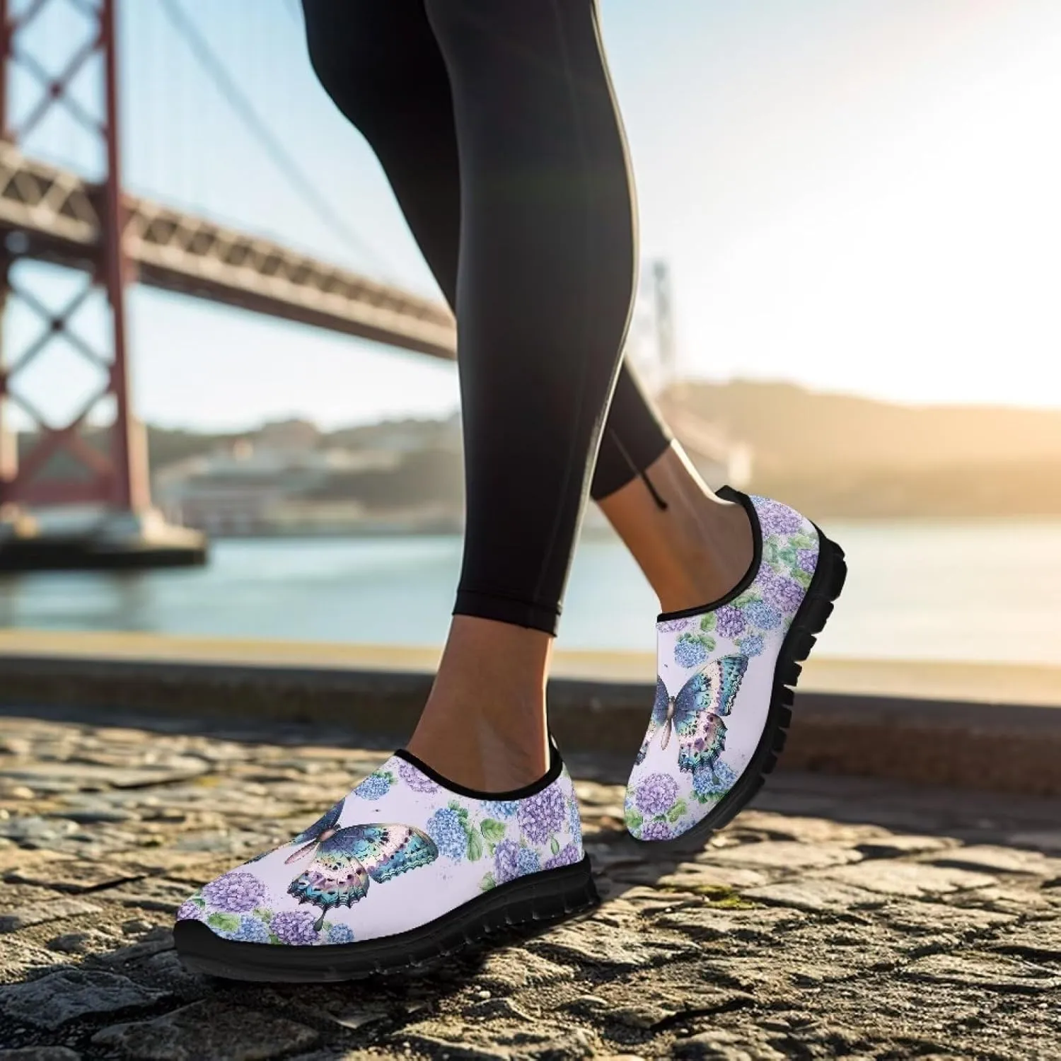 GOSTONG Floral Art Sneakers for Women Comfy Soft Sole Non Slip Walking Sneakers for Outdoor Travel Easy Slip on Lightweight Indoor Loafers Black US 5.5-11.5