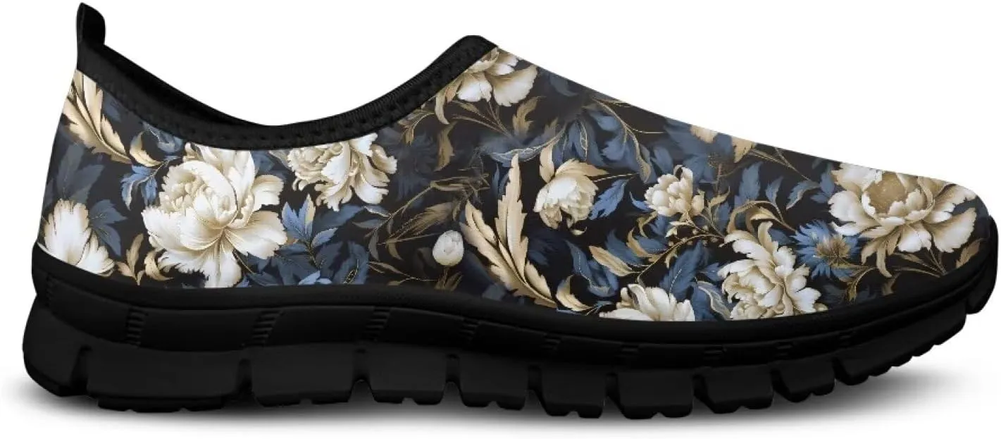 GOSTONG Floral Art Sneakers for Women Comfy Soft Sole Non Slip Walking Sneakers for Outdoor Travel Easy Slip on Lightweight Indoor Loafers Black US 5.5-11.5