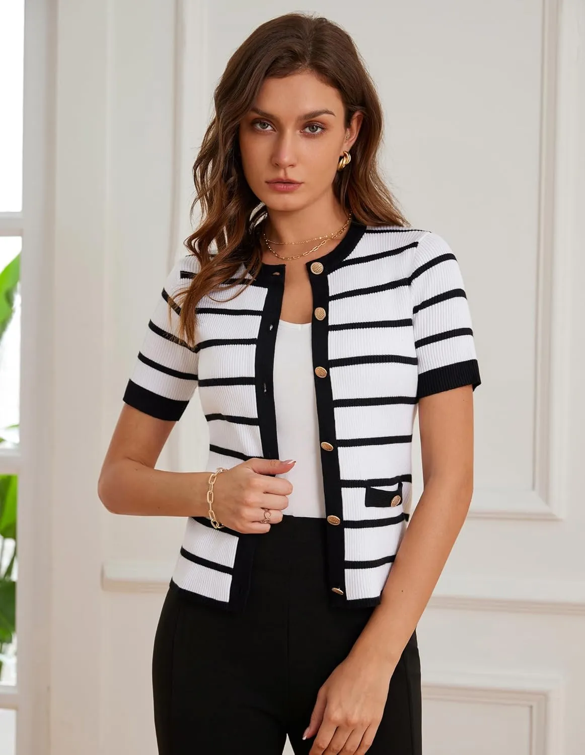 GRACE KARIN Women's Short Sleeve Striped Sweater Gold Button Cardigan Fitted Knit Crewneck Button Down Business Casual Top
