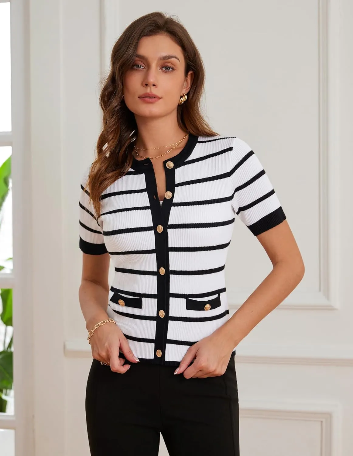 GRACE KARIN Women's Short Sleeve Striped Sweater Gold Button Cardigan Fitted Knit Crewneck Button Down Business Casual Top